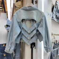 2024Vintage Short Denim Coat Women's Spring New Back Hollow Fashion Jackets Top Design Sense Fried Street Jeans Female Outerwear