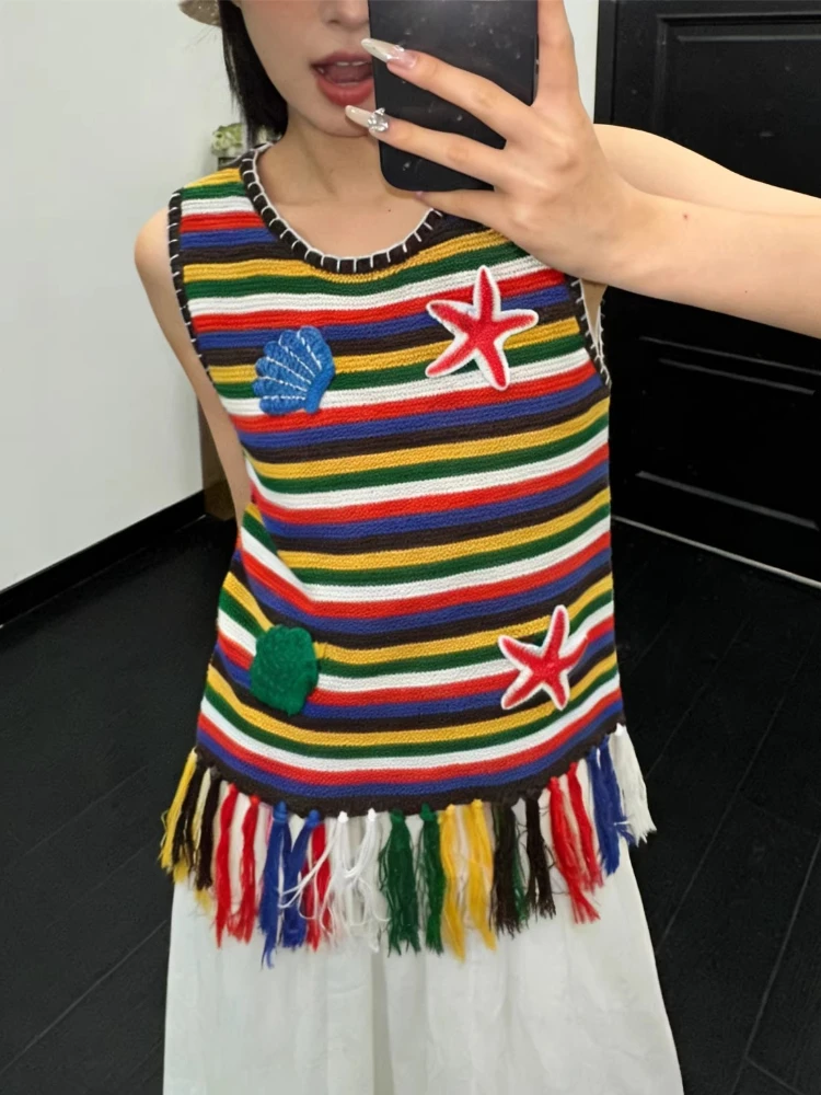

Женский полосатый вязаный жилет с аппликацией в виде морских звезд и ракушек, с бахромой по низу, без рукавов, в стиле бохо, повседневный топ