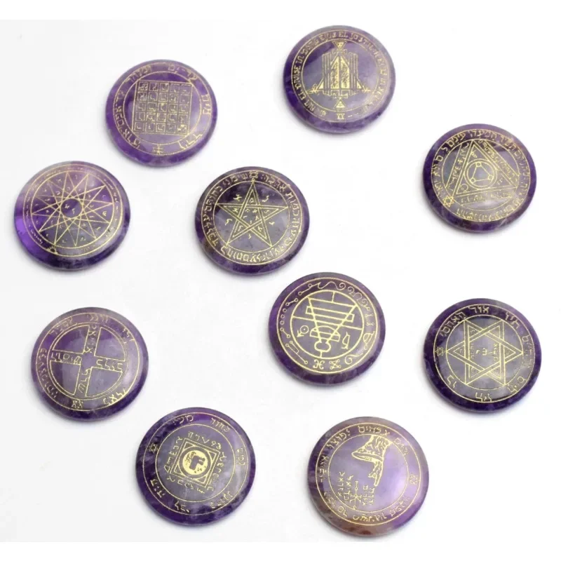 10 Pieces Ultrathin Round Natural Chakra Semi-precious Stone Lapis Amethyst Engraved Crystal Reiki Healing Solomon Amulet Symbol