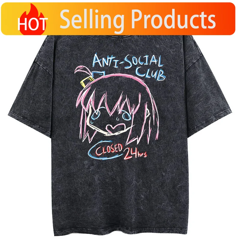 Men Oversized Printed Tshirts Bocchi Club Music Band Anime Bocchi The Rock Cotton Tops Creative Crew Neck Tees Washed TShirt