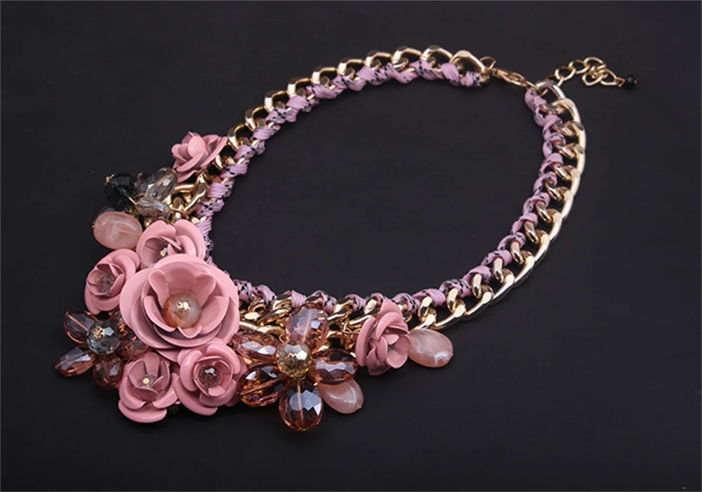 Charming Pink Flower Crystal Handmade Choker Necklace Woman\'s Exaggerated Jewelry Trendy Bridal Birthday Banquet Accessories