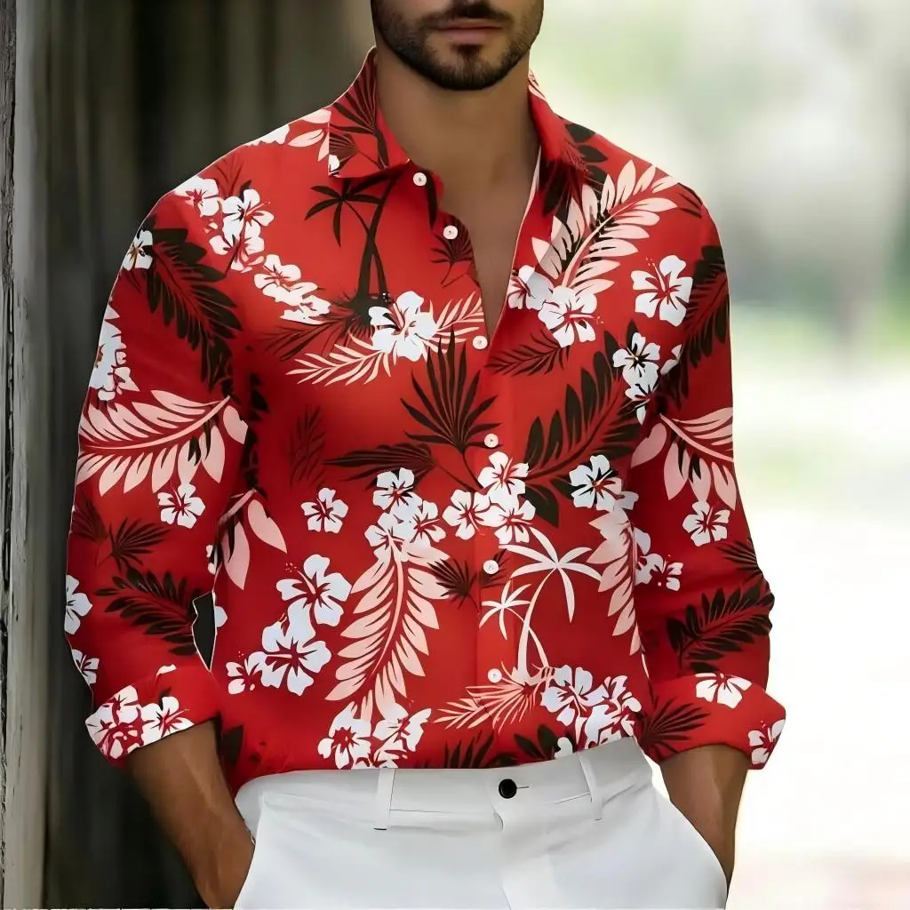 

Flower pattern print, fashionable men's long sleeved shirt, loose top, outdoor street, casual and comfortable
