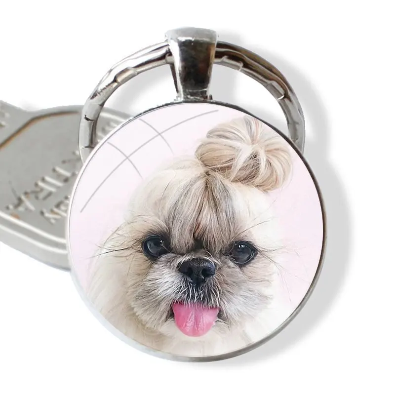 Keychain Handmade Glass Cabochon Key Ring Holder Pendant Key Chains Shih Tzu Shitzu Dog Puppy