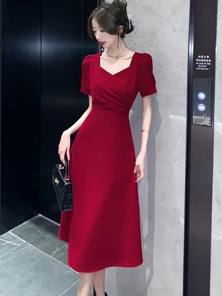 Summer Red Elegant Pleated Long Dress Women Pink Short Sleeve Square Collar Chic Wedding Dress 2024 Black Bodycon Evening Dress