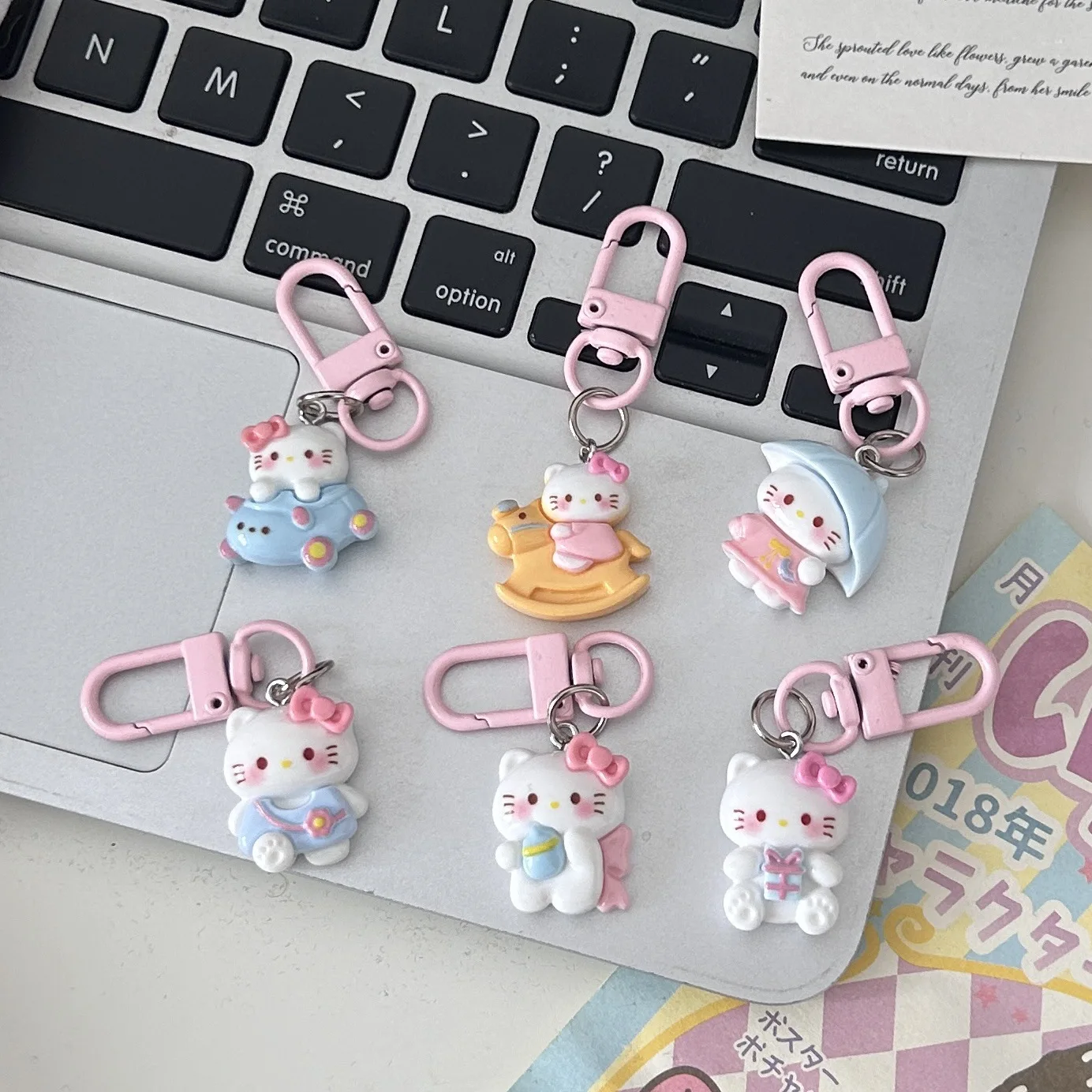 MINISO Cute Cartoon Anime Hello Kitty Girl Heart shaped Sweet Keychain Couple Backpack Car Key Charm Pendant Children Party Gift