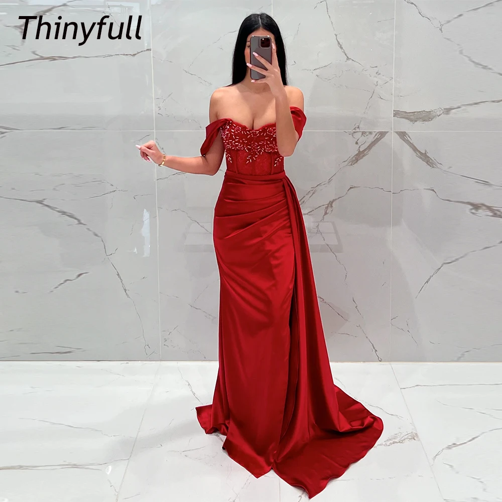 Thinyfull Mermaid Satin Prom Dresses Off Shoulder Sleeveless Appliques Ruched Evening Party Gown Long Special Occasion Dress