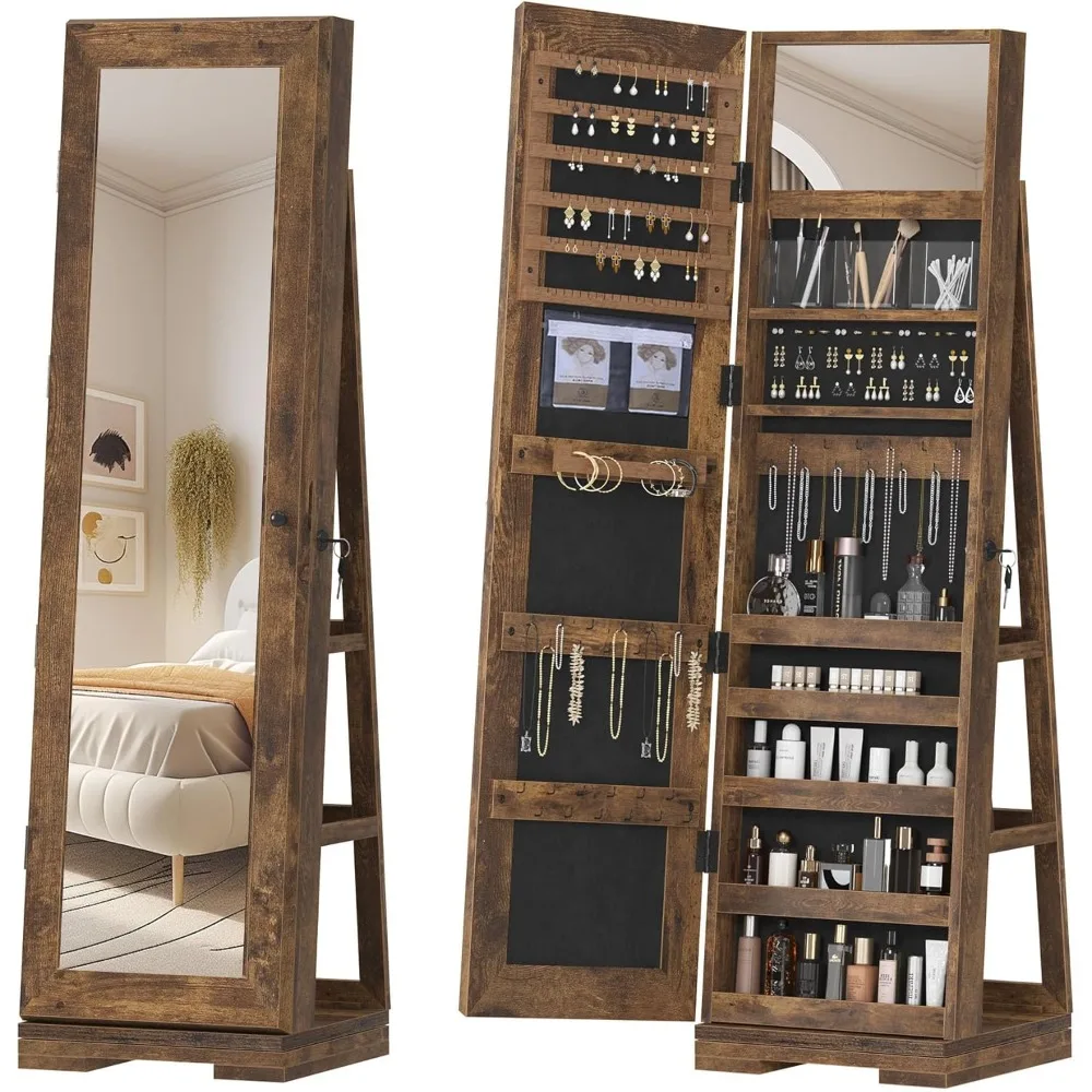 360° Swivel Jewelry Mirror Cabinet with Back Storage Shelves, Full Length Mirror with Jewelry Storage