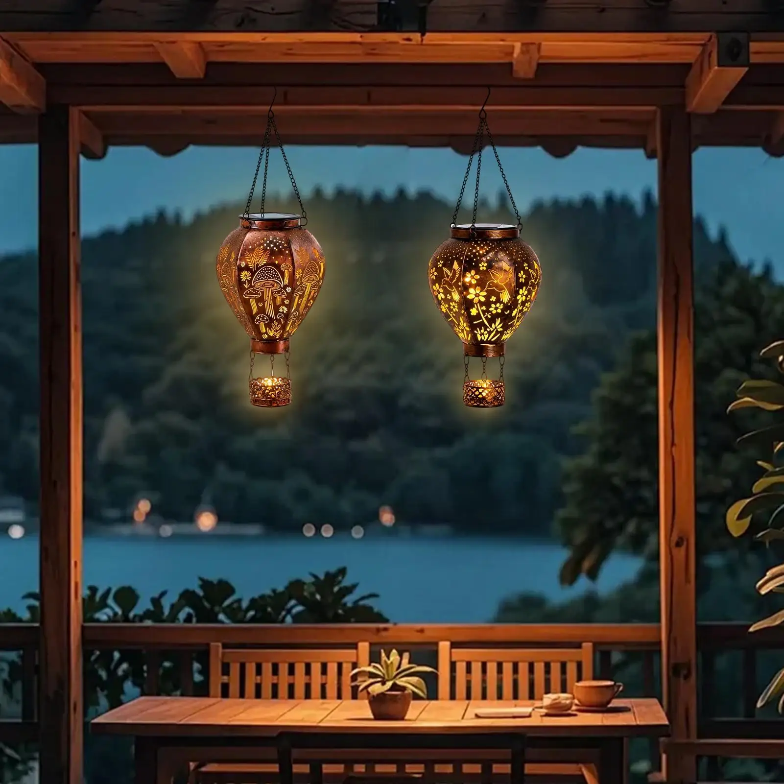 Hot Air Balloon Solar Light Metal Waterproof Hummingbird And Mushroom Decoration Outdoor Solar Lantern For Patio Fence Path Wall