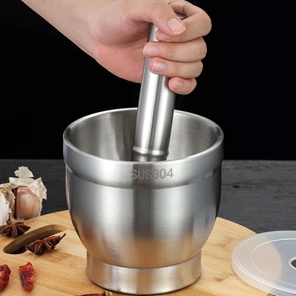 

A96K - Толкушка и ступка из нержавеющей стали, 5 дюймов, полированная, с крышкой, для измельчения продуктов, улучшенная производительность (5 дюймов)