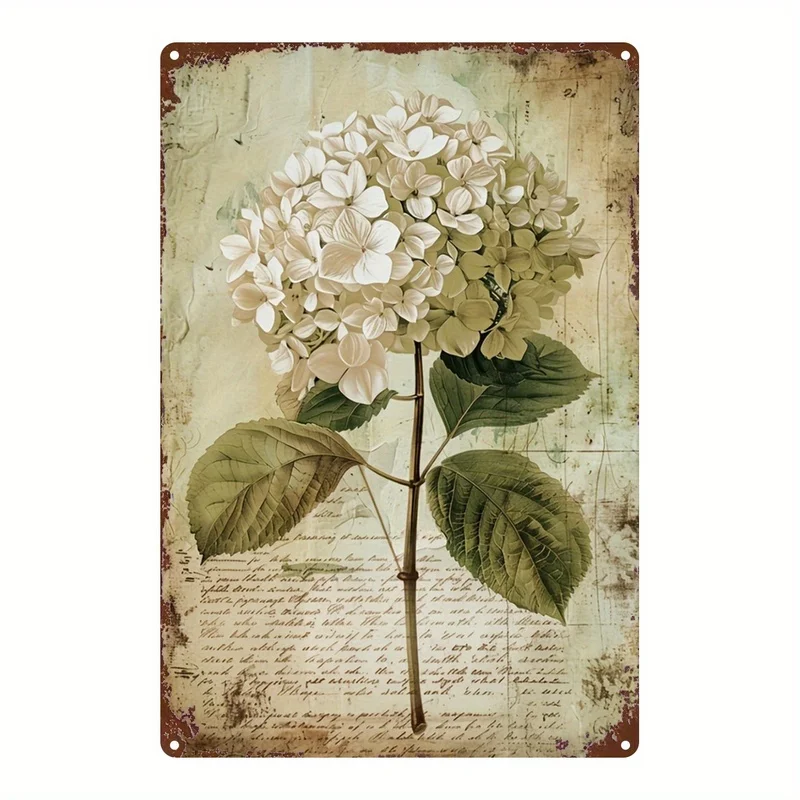 1pc Vintage Floral Tin Sign-White Hydrangea Illustration Classic Wall Art, Durable Metal Decor for Home,Garden & Farmhouse