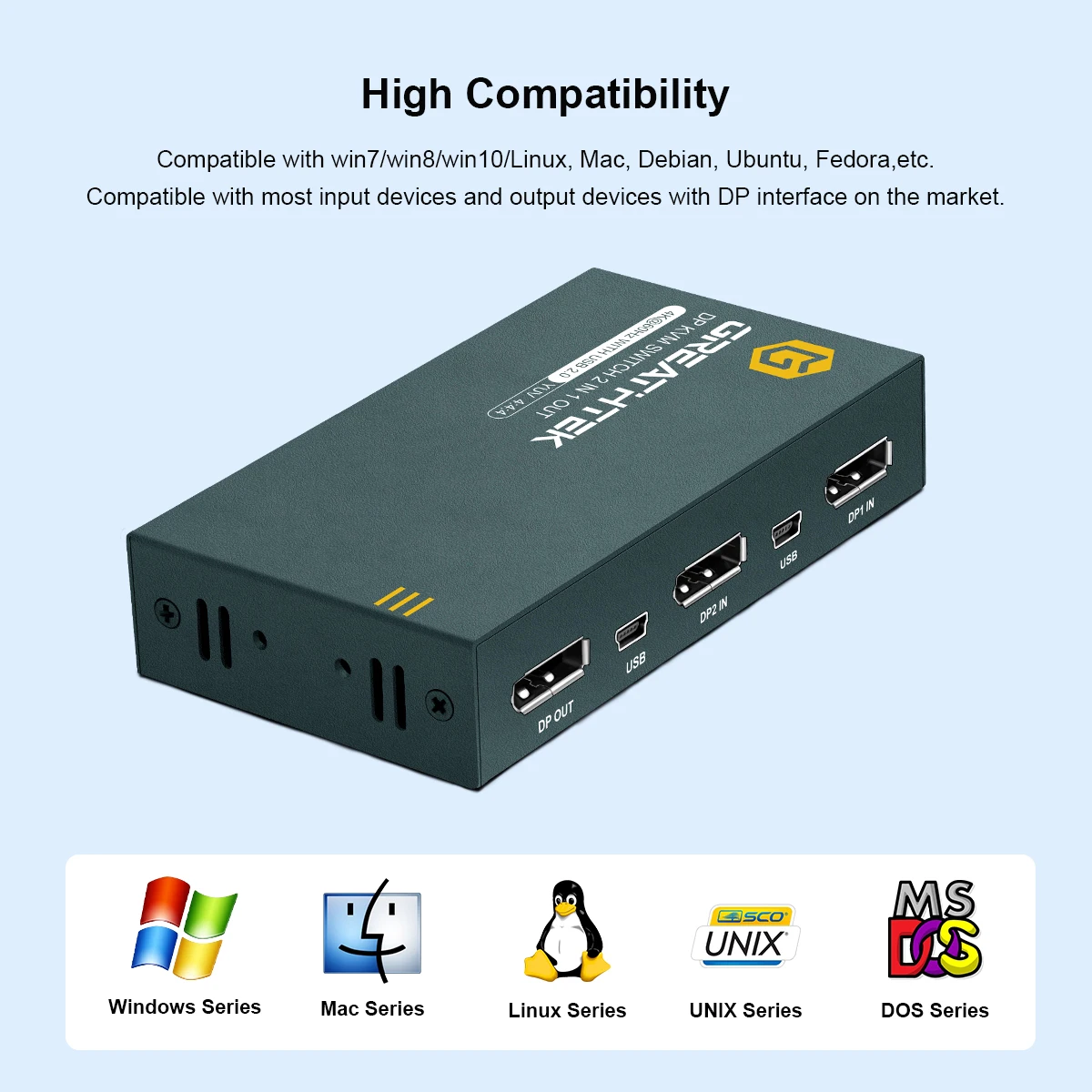 DisplayPort  KVM Switch 2 Port 4K@60Hz DP1.2. KVM Switch for 2 Computers Sharing 1 Monitor HDCP 2.2 Included Cables USB2.0