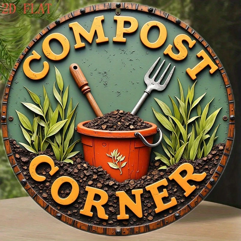 2D Retro Farmhouse Compost Corner Themed Wooden round Plate Garden Decor with Flower Pot Gardening Tools Plant Pattern Design