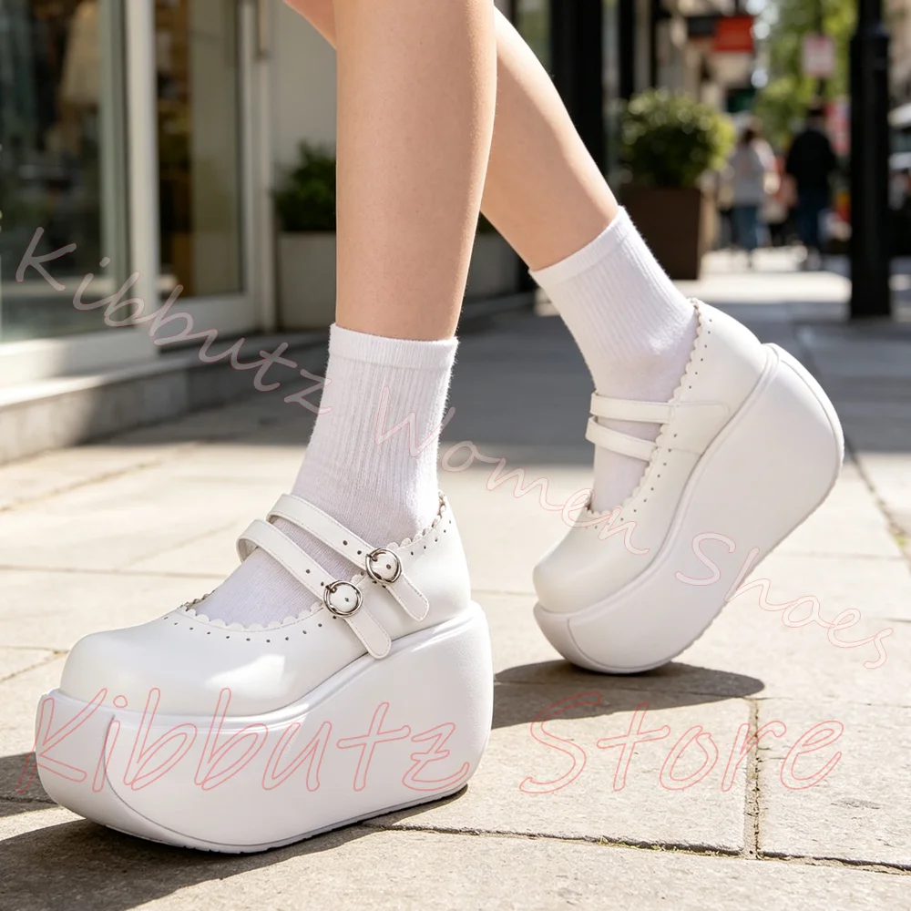 Platform Mary Jane Pumps Women Double Buckle Strap Scalloped Edge Round Toe Wedge Casual Fashion Shoes Leather Solid Color Sexy