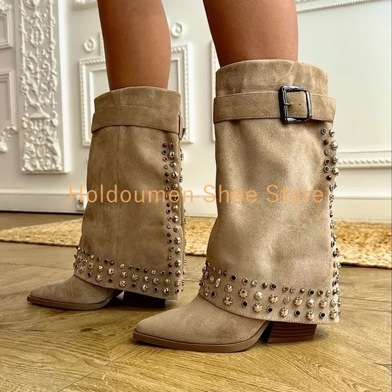 

Trendy Metal Rivet Design Point Toe Fashion Boot Women's Suede Buckle Strap Decor Autumn Winter Square Heel Slip On Trouser Boot