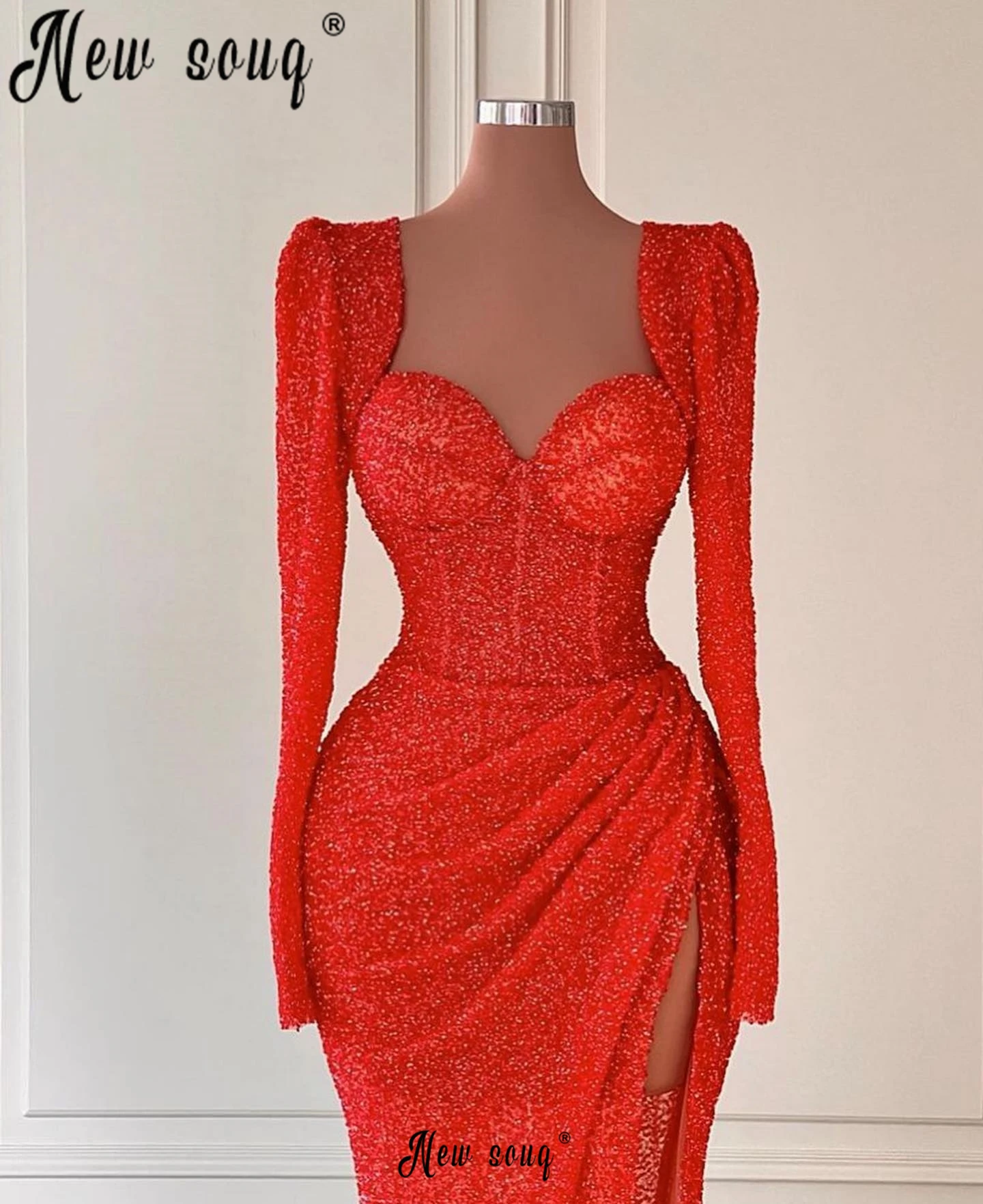 Robe de Soirée de Fiançailles Rouge à Col Carré, Tenue de Cocktail d'Anniversaire, Manches sulf, Côté Haut Fendu, Personnalisée, 202