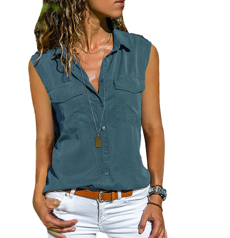 

women shirt lapel sleeveless shirt Women's wear