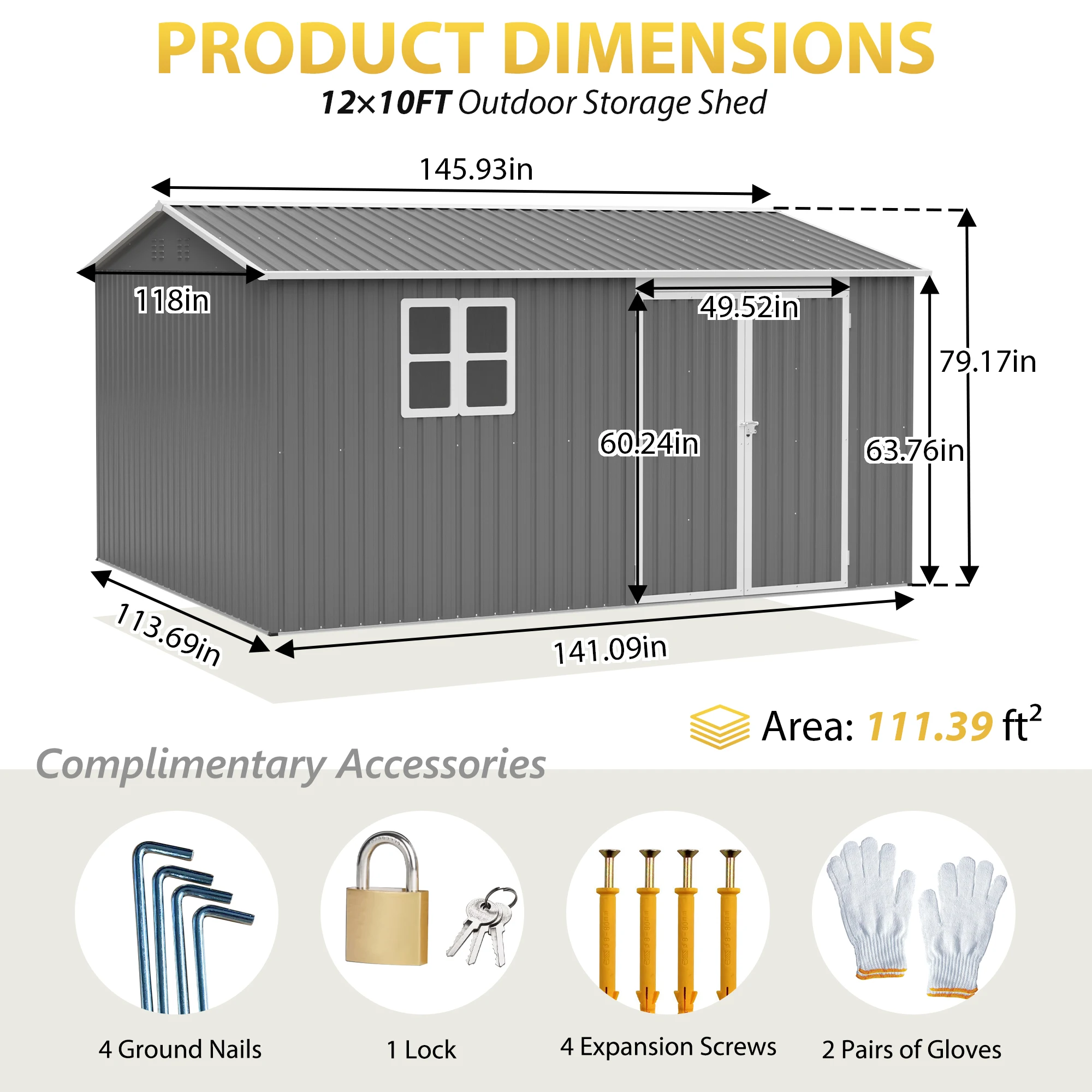 12x10FT Metal Outdoor Storage Shed Heavy Duty Waterproof Steel Lockable Doors Garden Tool Building Backyard Grey