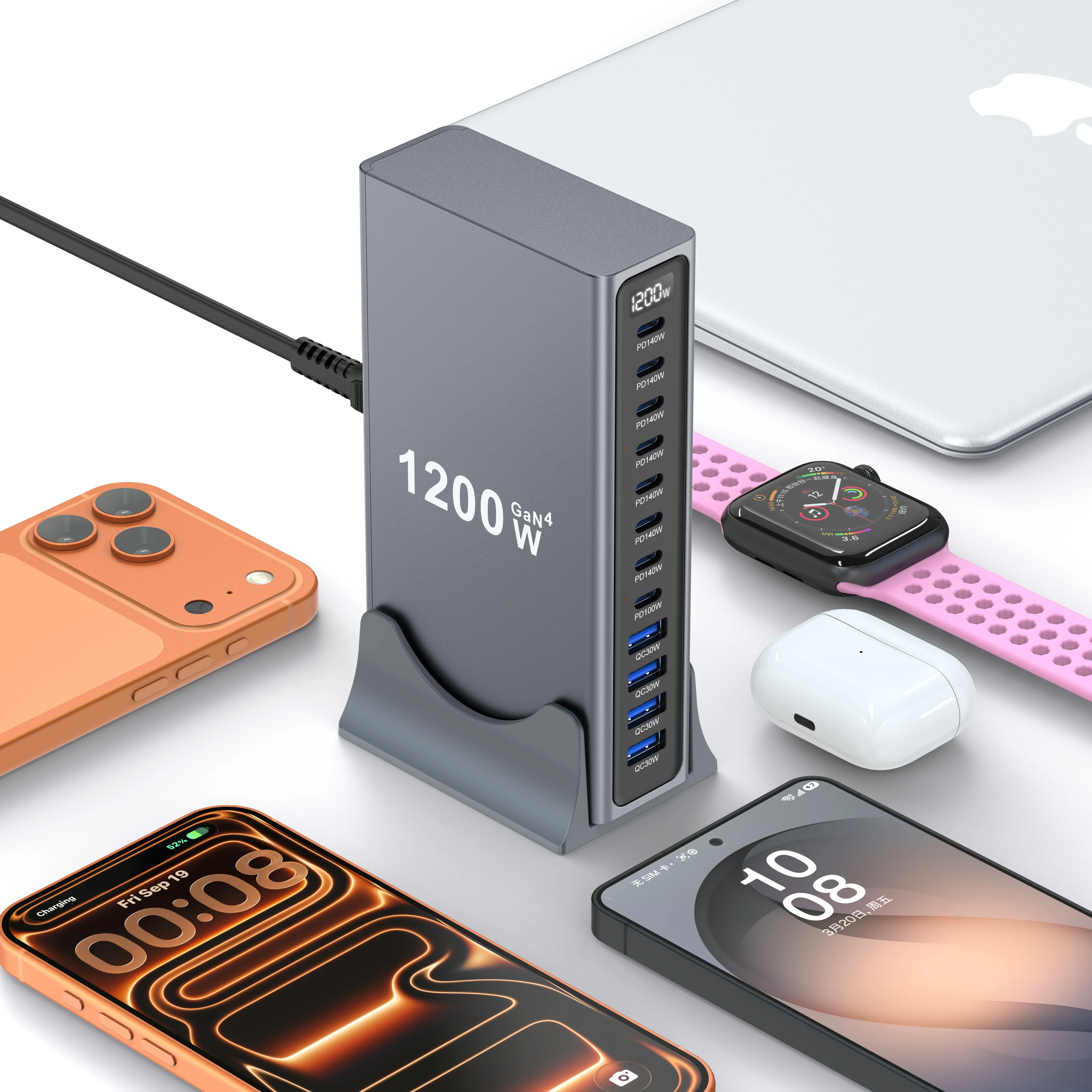1200W GaN Desktop-Ladegerät 8C4A 12-Port PD Schnellstation PD140W QC30W für Laptop iPhone 17 18 Gleichzeitiges Laden mehrerer Geräte – Detail 1