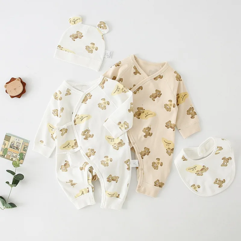 

Baby Harper Four Seasons Pure Cotton Long Sleeve Lace up Crawling Dress Cute Little Bear Newborn 2024 Bodysuits