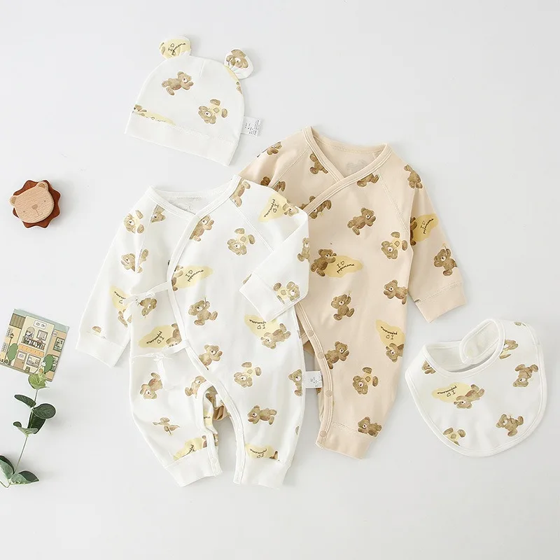 Baby Harper Four Seasons Pure Cotton Long Sleeve Lace up Crawling Dress Cute Little Bear Newborn 2024 Bodysuits