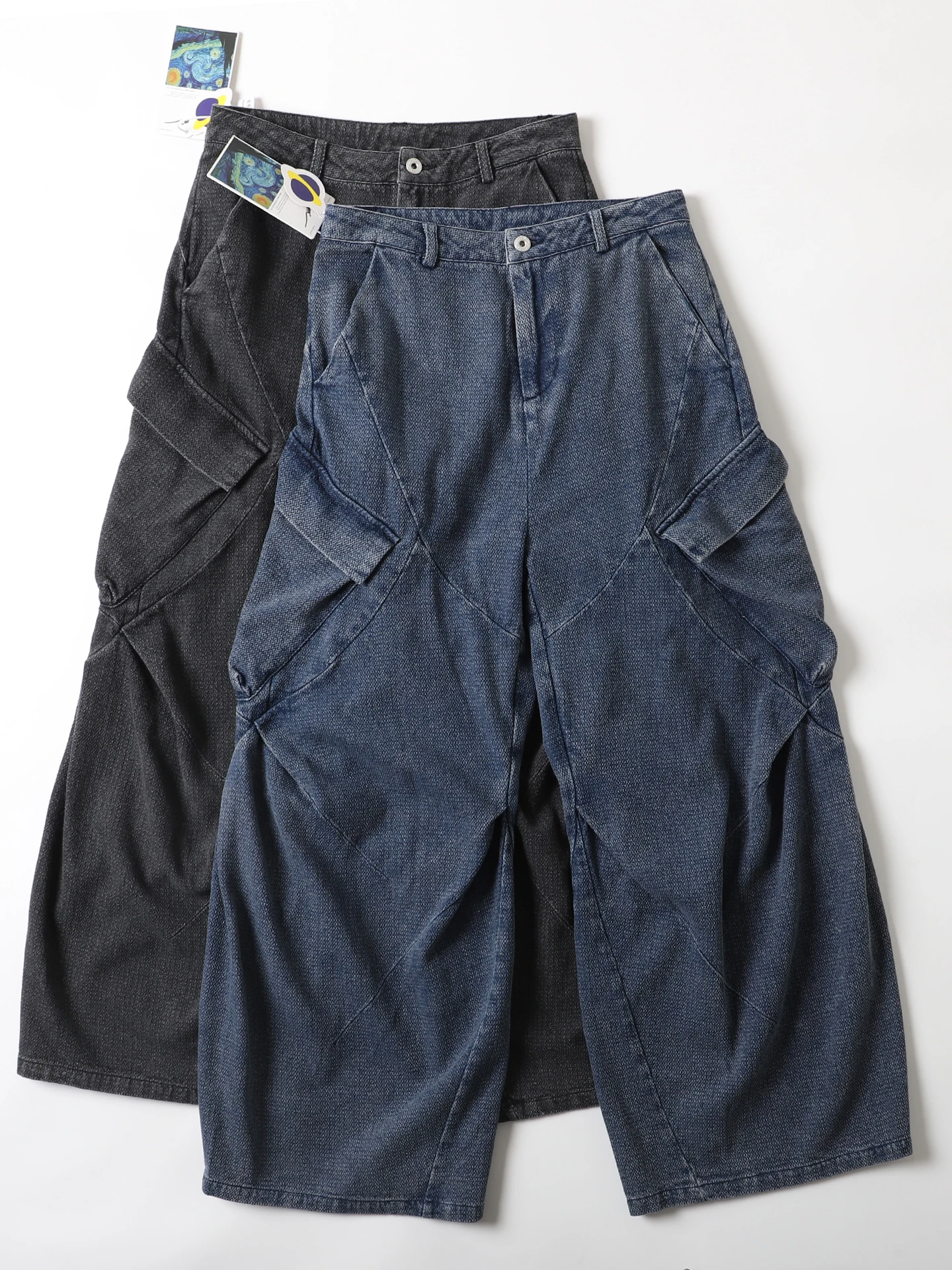 

Retro American Washed Workwear Jeans Men's Loose Wide Leg Casual Straight Leg Denim Long Trousers Trendy Cotton Polyester Blend