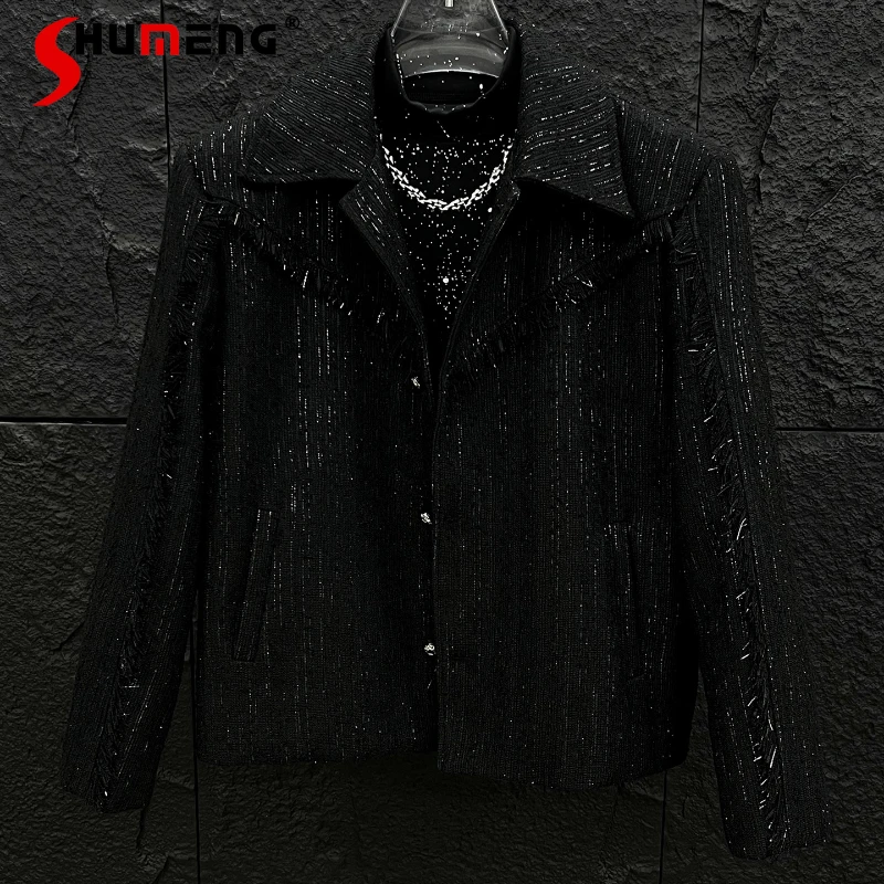 

Men's 2025 Autumn New Tassel Chic Jackets Men's Fashion Loose Padded Shoulder Lapel Coats Small Fragrant Long Sleeve Trendy Tops