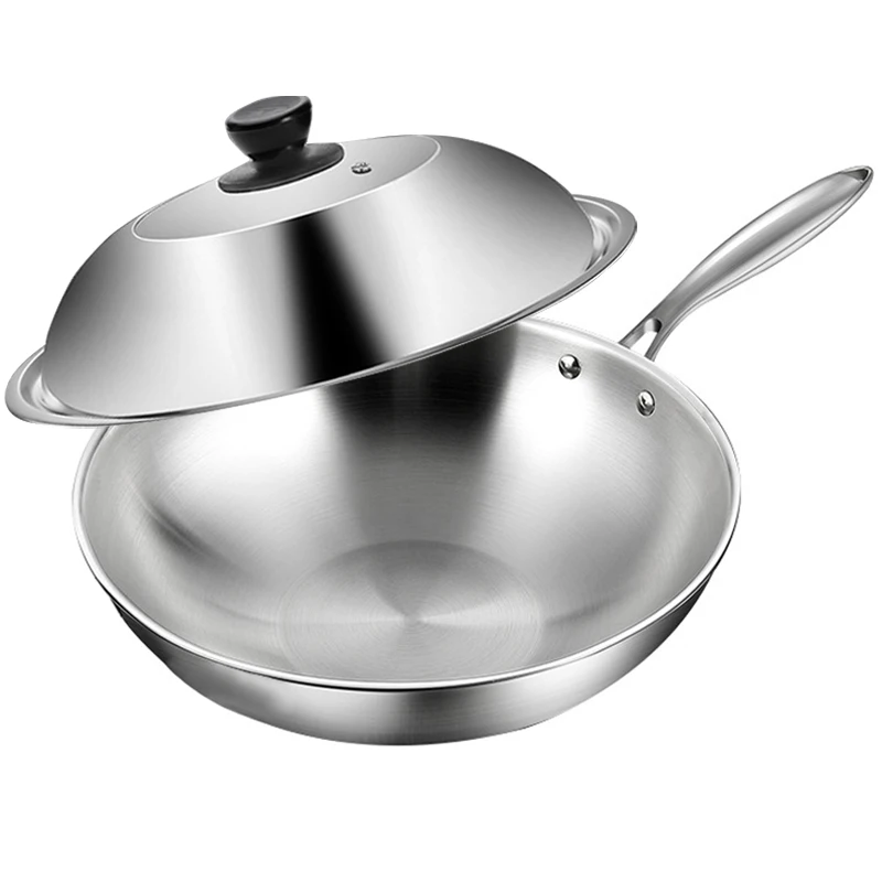 

Tri-Ply Stainless Steel Wok Pan with Lid Stir-Frying Pan Induction Cooking Pan Dishwasher and Oven Safe Detachable Handle