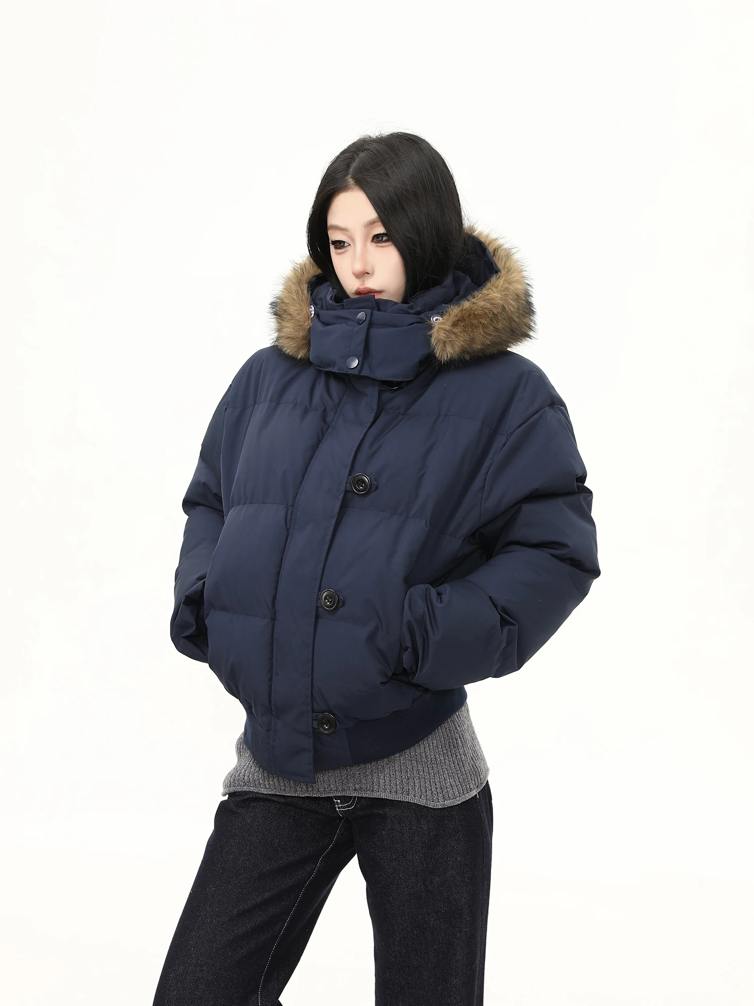 

Thiened ort Cotton Jaet Winter Warm Coat with Fur Collar Retro American Blue Casual Versatile Women's Street Sle
