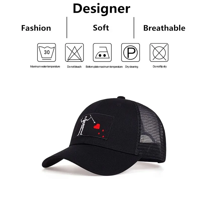 Unisex Skeleton Head Branch Heart Embroidery Baseball Net Caps Spring Summer Outdoor Adjustable Casual Hats Sunscreen Hat