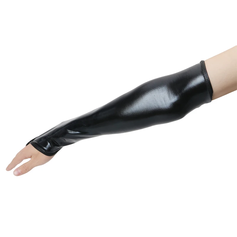 Sexy Long Black Metallic Feel Gloves Synthetic Leather Arm Sleeves Costume