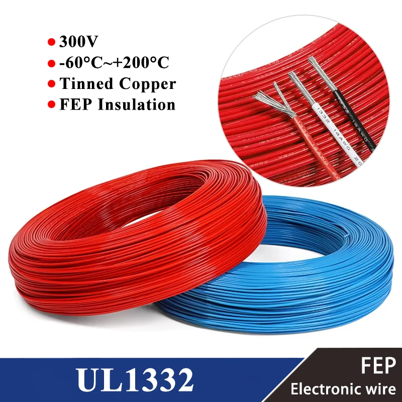 

2/5/10m High Temperature UL1332 PTFE Wire 300V AWG 30 28 26 24 22 20 18 16 14 FEP Insulated Tinned Copper Cable for 3D Printer