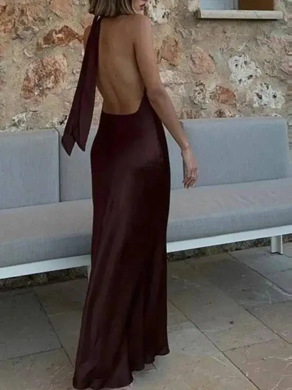 الرسن الساتان فستان طويل المرأة تعادل عارية الذراعين البني ميدي فستان الصيف قبالة الكتف فساتين الحفلات مطوي مساء فستان MKX8