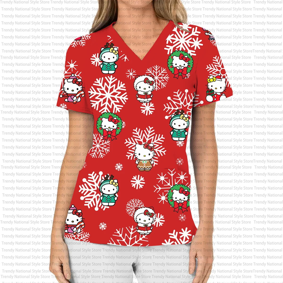 女性の作業服 ソフトマットトップ Vネック ポケットTシャツ 絶妙なハローキティプリント オフィスカジュアルTシャツに最適