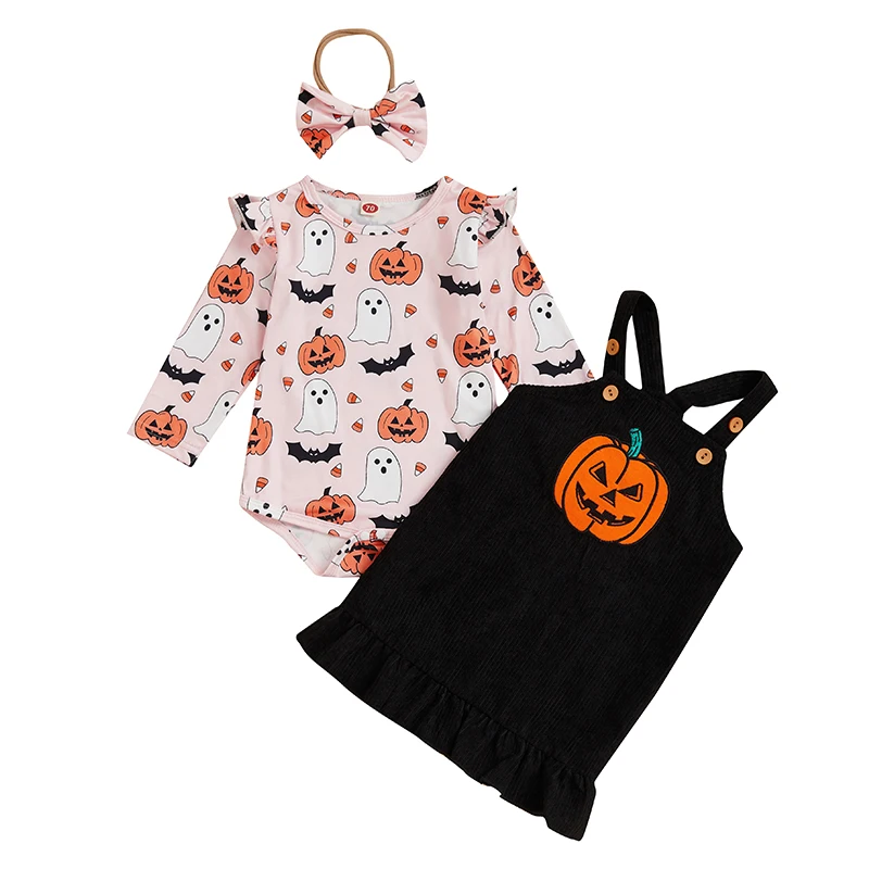 

Baby Girls Halloween Skirt Sets Flying Sleeve Romper Pumpkin Print Suspender Dress Headband Sets