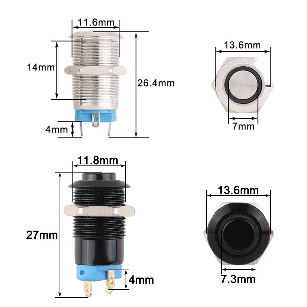 Black Push Button Switch 12mm 4 Pin Waterproof Led Light Metal Flat Momentary/Latching Switches with power mark/Ring LED