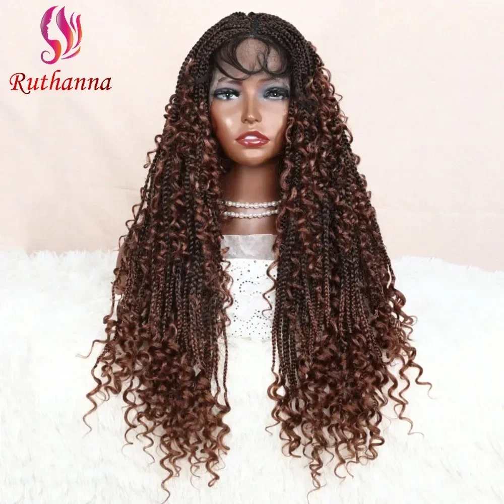 Box Full Lace Afro Braided Wig Synthetic 3x Twist Braids Wig For Black Women 30 Inch Tail Curl Transparent Lace Wig Daily Use