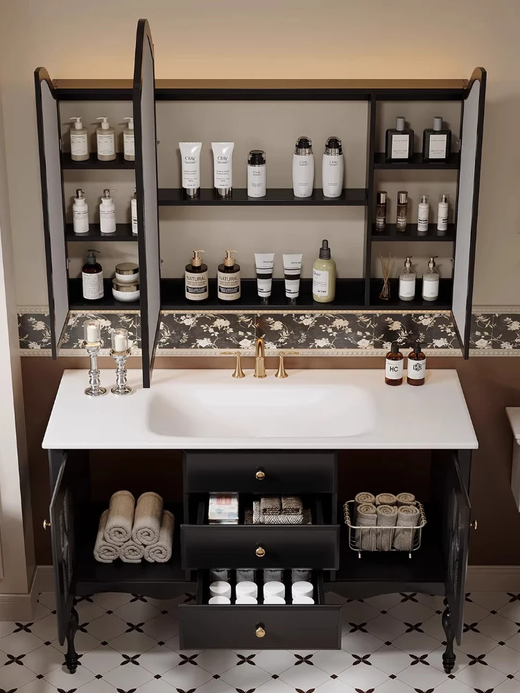 

French retro oak bathroom cabinet combination hot bending integrated washbasin toilet washbasin