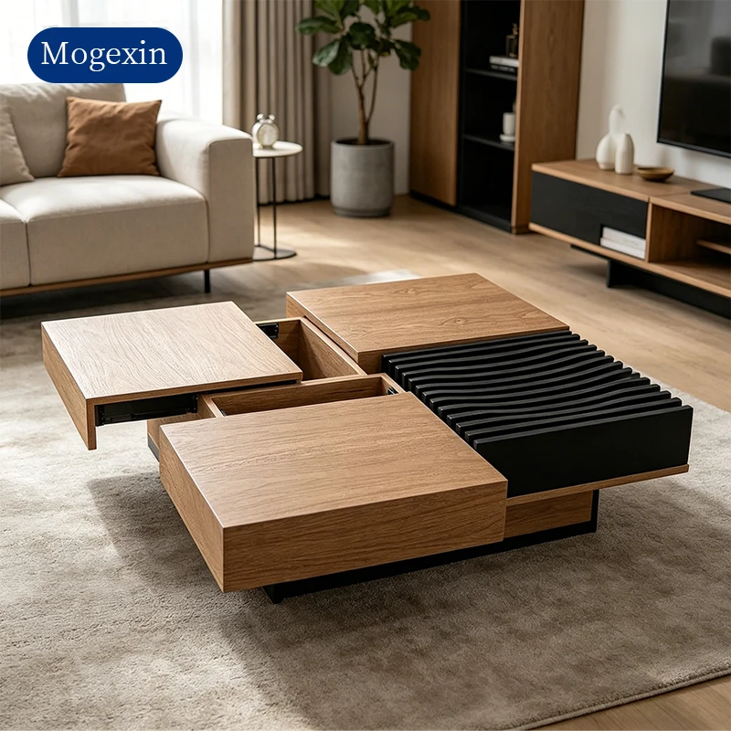 Modern Modular Coffee Table With Black Walnut Veneer Panels & Hidden Storage For Living Room Hotel Lobby
