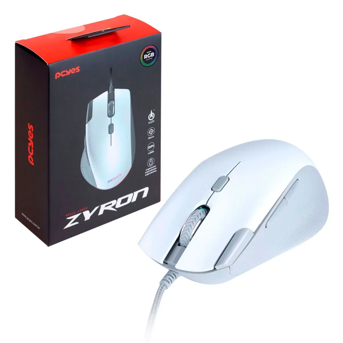 Mouse Gamer Pcyes Zyron RGB 12800 DPI 6 Buttons White