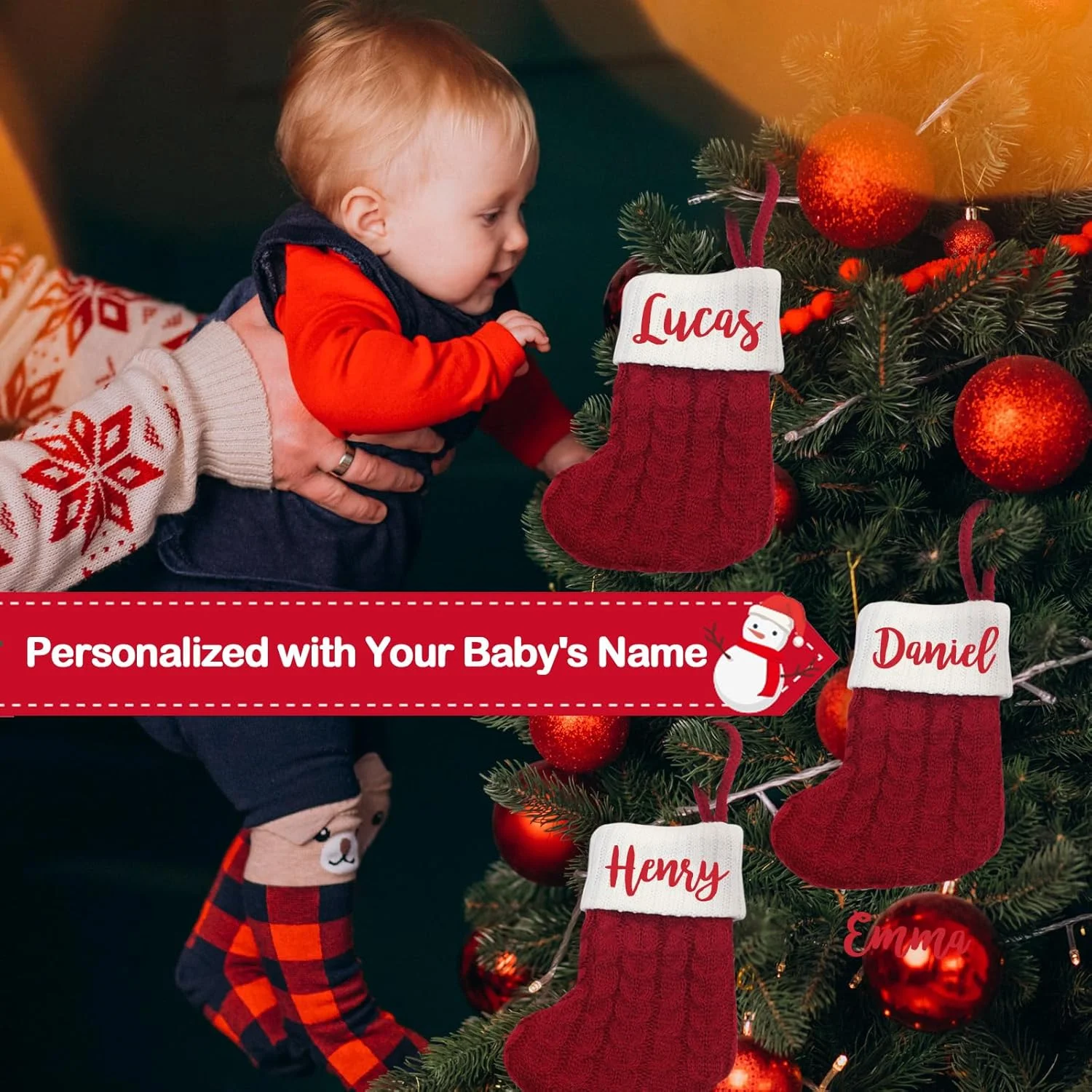 Maßgeschneiderte Mini-Weihnachtsstrümpfe mit Namen, rot, personalisierte gestrickte Weihnachtsstrümpfe für Kinder, Familien-Weihnachtsstrumpf für die Dekoration – Detail 3