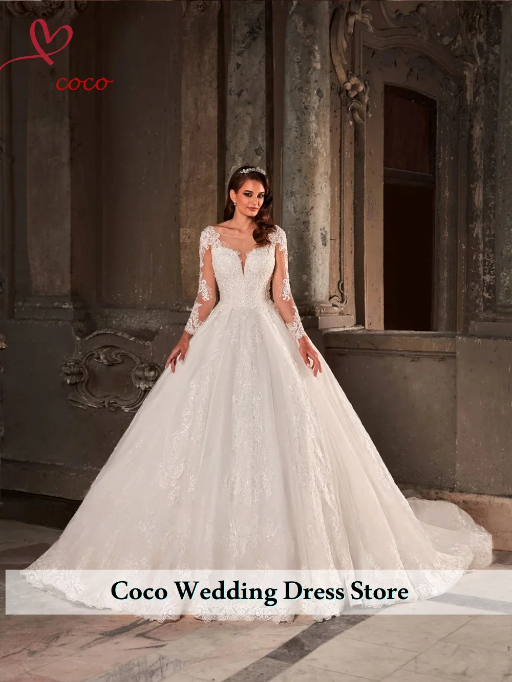 Customized Shiny Appliques Wedding Dresses Full Sleeves Lace Up Floor-Length Scoop Neck Bridal Gowns AmandaNovias Official