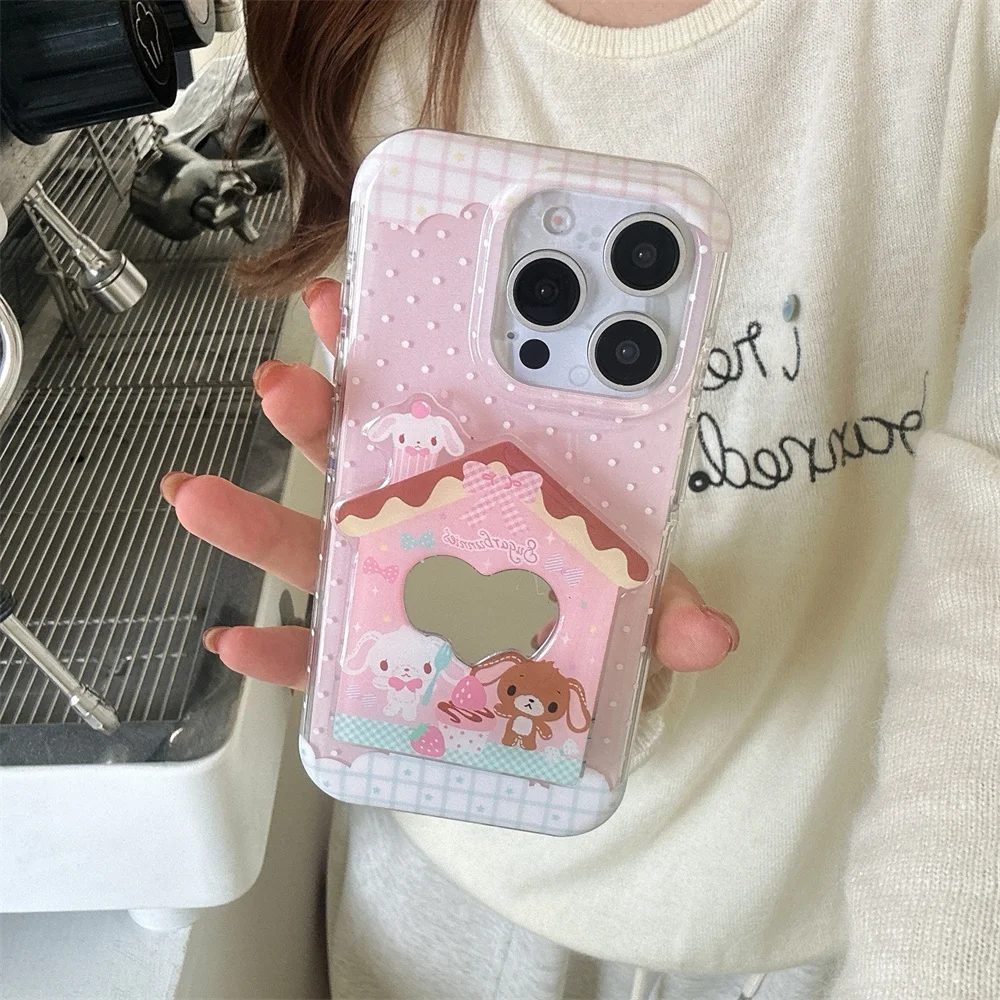 

Cute dessert rabbit bear fashion polka dot phone case for iPhone 14 13 15 16 Pro Max cover with mirror cartoon protective cover