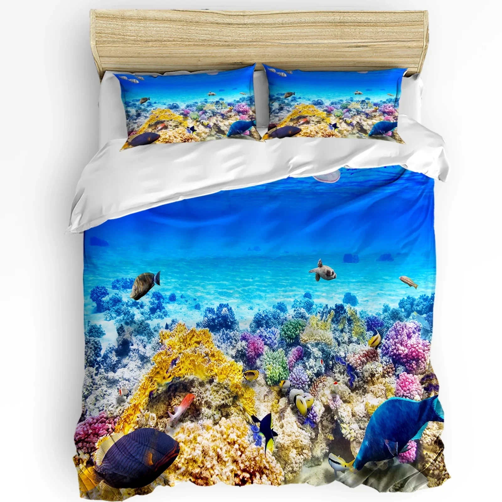 Imagem -03 - Conjunto de Cama Blue Marine Coral Shells Capa de Edredão Starfish com Fronha Capa de Edredão de Cama Dupla Home Textile Custom Pcs