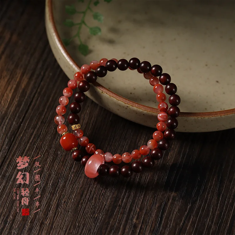 

Watermelon Crystal Running Ring Double Circle Sandalwood Floating Red Agate Chinese Trend Woven Bracelet Buddhist Prayer Beads H