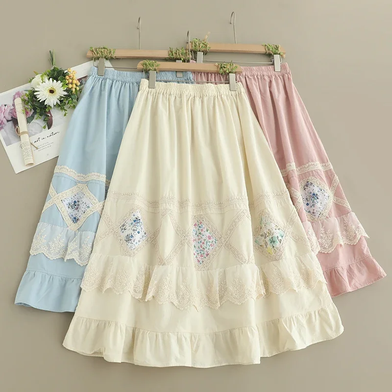 Summer Sweet Mori Girl Lace Floral Embroidered Skirt Women Elastic Waist Casual Loose Cotton A-line Skirts