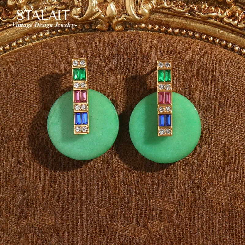 

Vintage Green Earrings Jade Round Agate Rhinestone Colorful Square Zircon Stud Accessories For Women 2025 Trend Jewelry New In