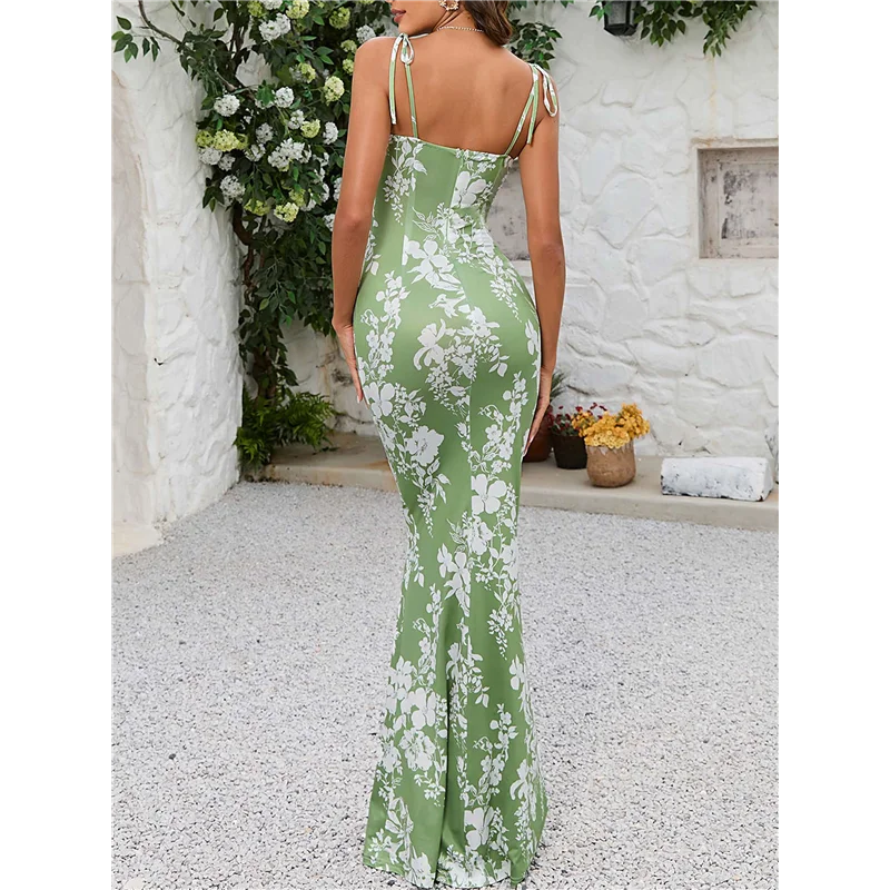 A83F - Letnia sukienka maxi damska w kwiaty, obcisła, na ramiączkach spaghetti, bez rękawów, w stylu bohemy.