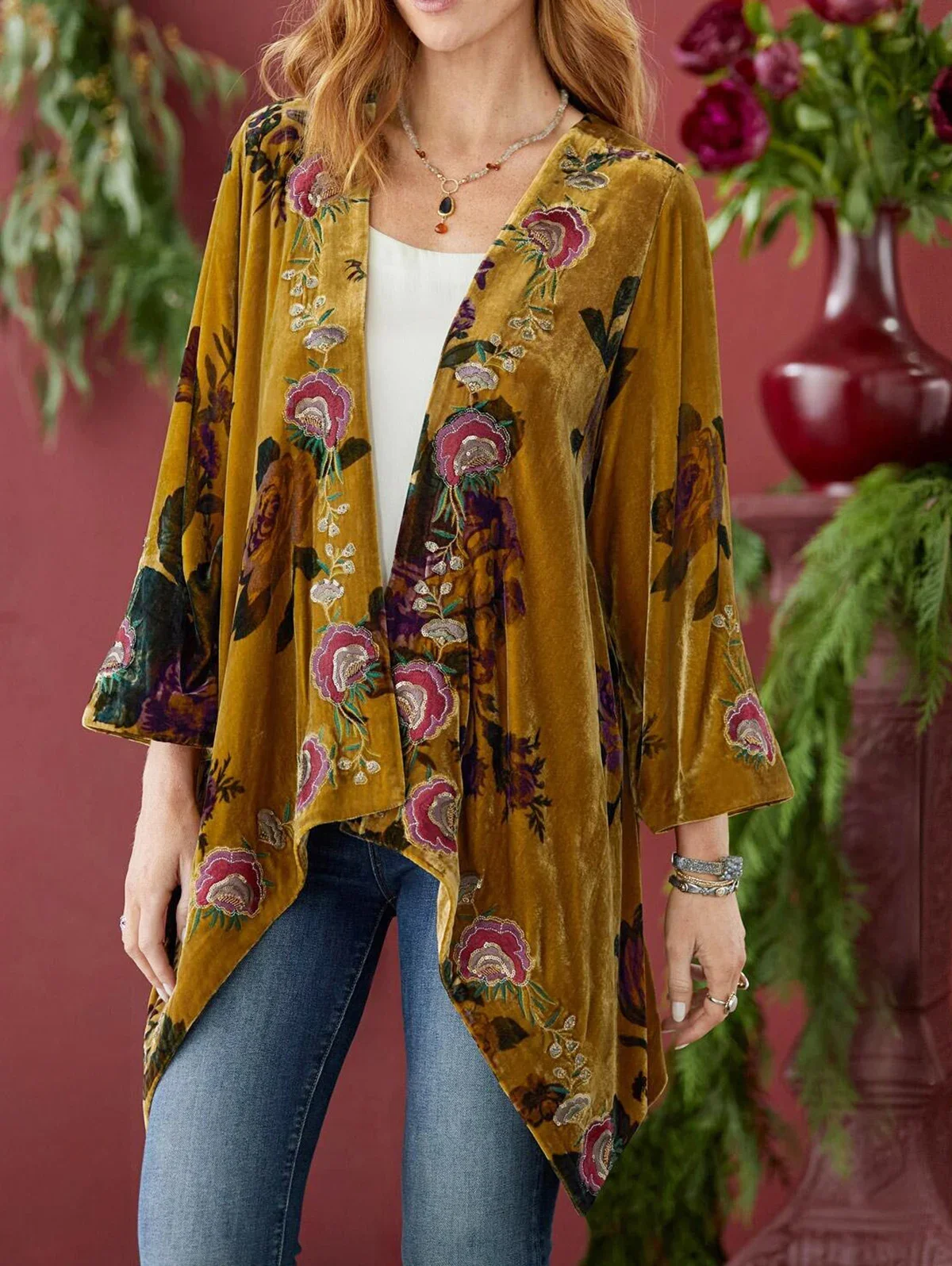 Bohemian Women Cardigan Velvet Autumn Floral Printed Jackets Vintage Open Front Long Sleeve Irregular Tops Holiday Shirt