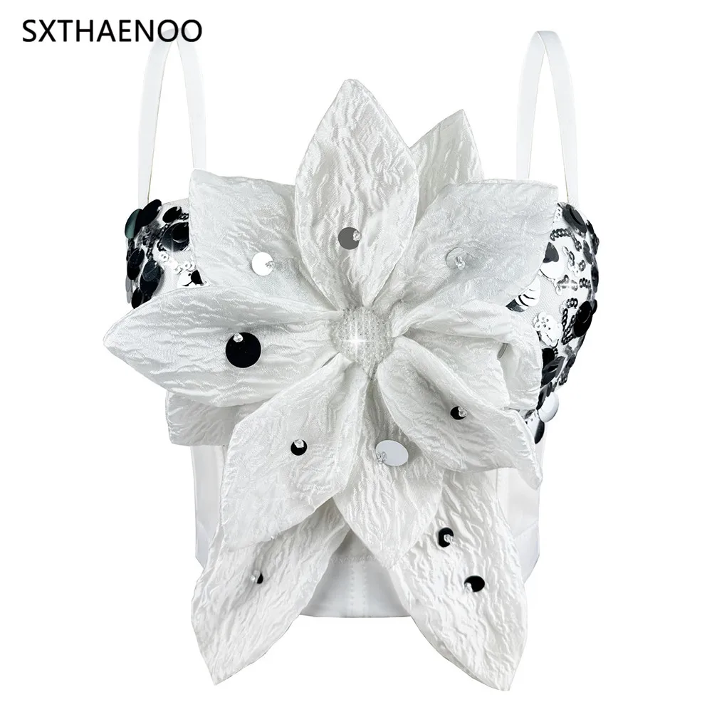 

SXTHAENOO 2025 Vintage 3D Flower Sequins Women's Corset Sexy Girls' Bustier Fashion Cropped Top Camisole High Street Clothes