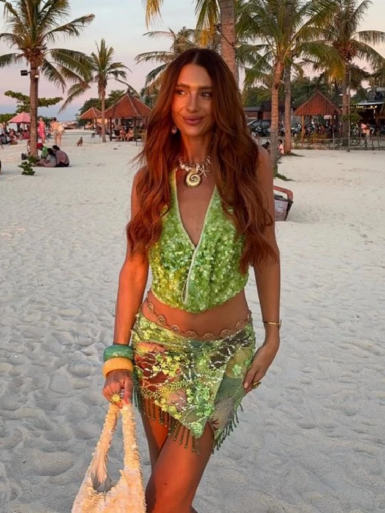 Faldas de playa verdes con lentejuelas y cuentas florales en 3D para mujer, falda Sexy de malla con cordones y borlas para playa, falda de fiesta para vacaciones, trajes de verano